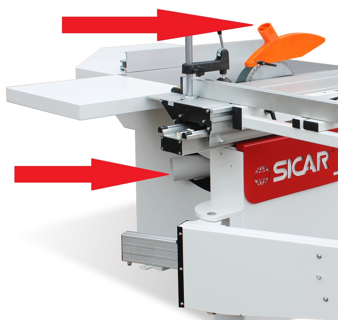 SICAR SEGA 315 Maxi  Аспирационные патрубки  В станке предусмотрено 2 выхода под аспирацию  Первый аспирационный патрубок расположен на расклинивающем ноже над пилой  Второй расположен под столом и предназначен для удаления опилок из моторного отс...